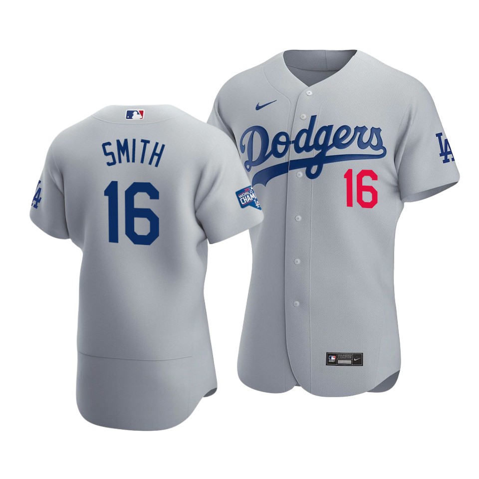 Men's Los Angeles Dodgers #16 Will Smith 2020 Grey World Series Champions Patch Flex Base Sttiched Jersey